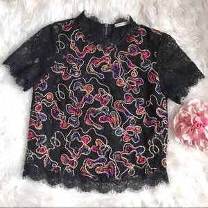 Zara Trafaluc Lace Short Sleeve Crop Top